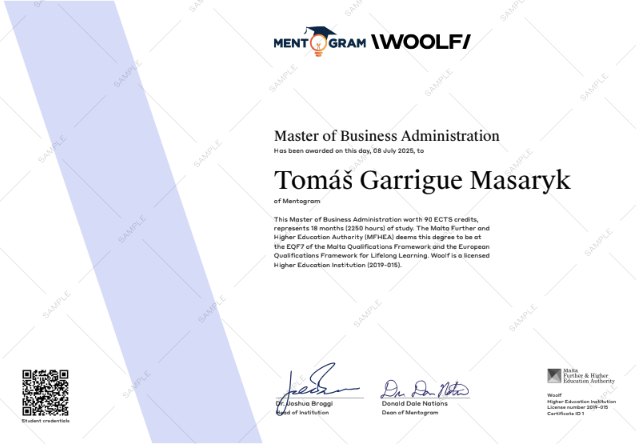 Sample Master of Business Administration certificate awarded with Woolf