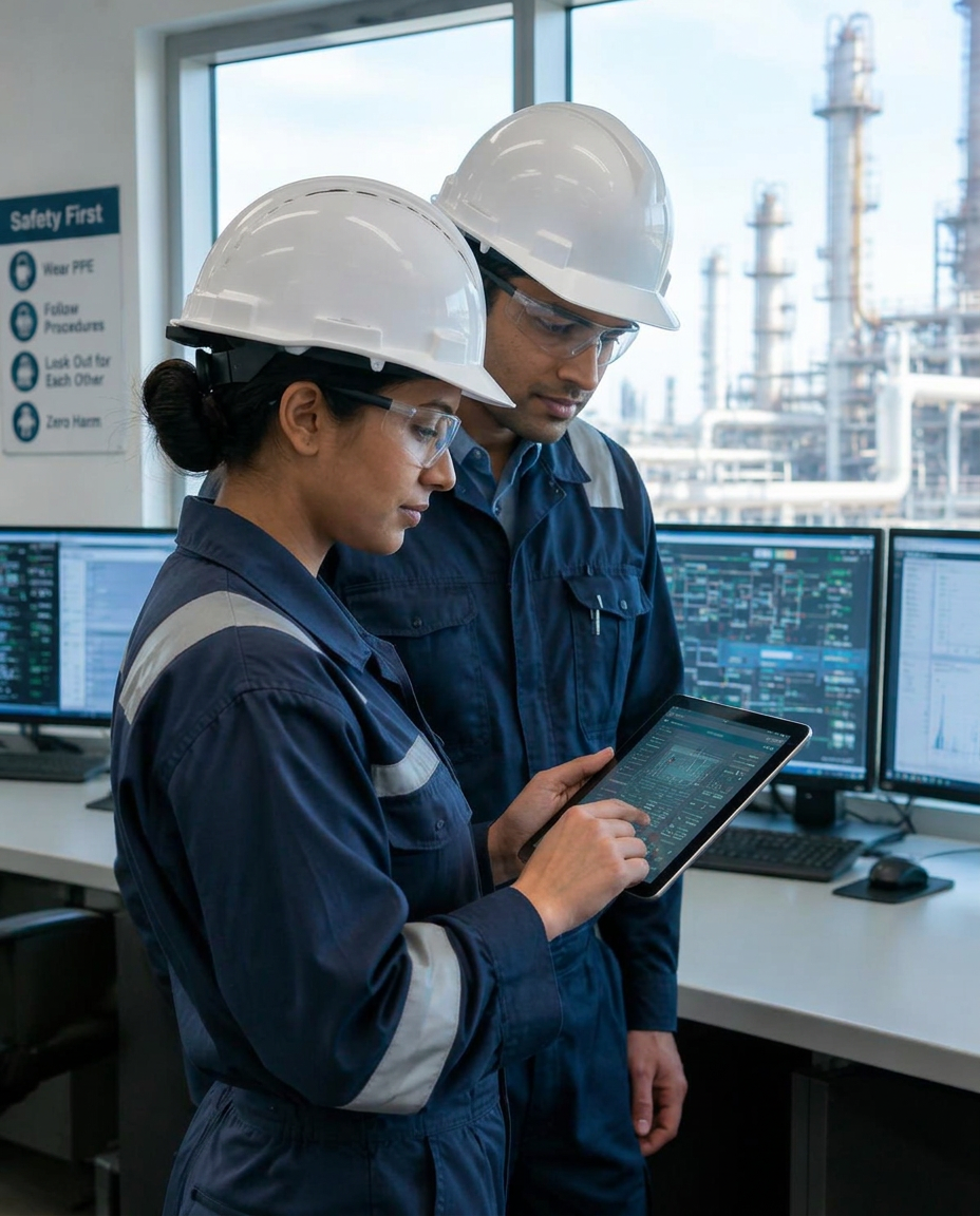 Illustration of Indian engineers reviewing plant data in a chemical plant control room