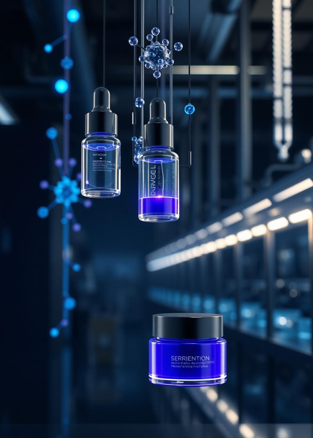3D render of cosmetics manufacturing line with floating serum bottles