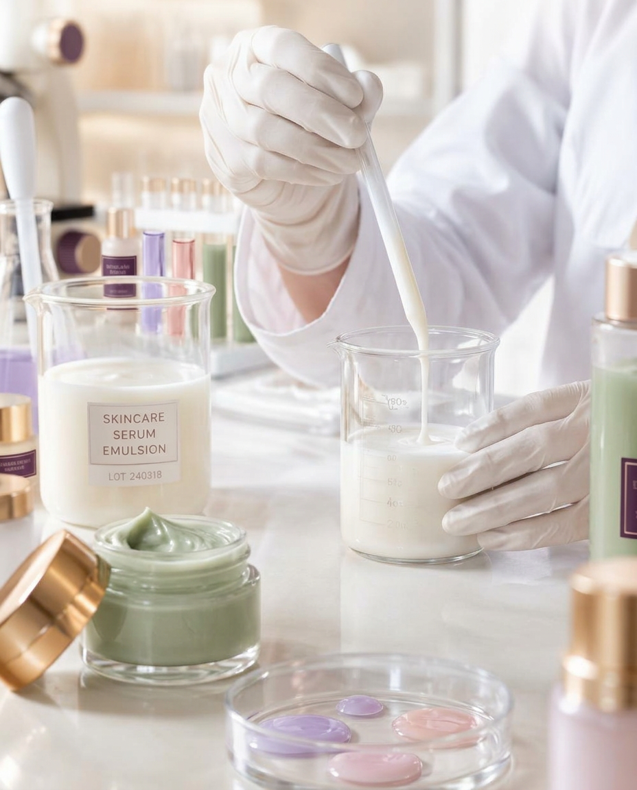 Cosmetics scientist preparing an emulsion alongside lavender, rose and sage formulation samples