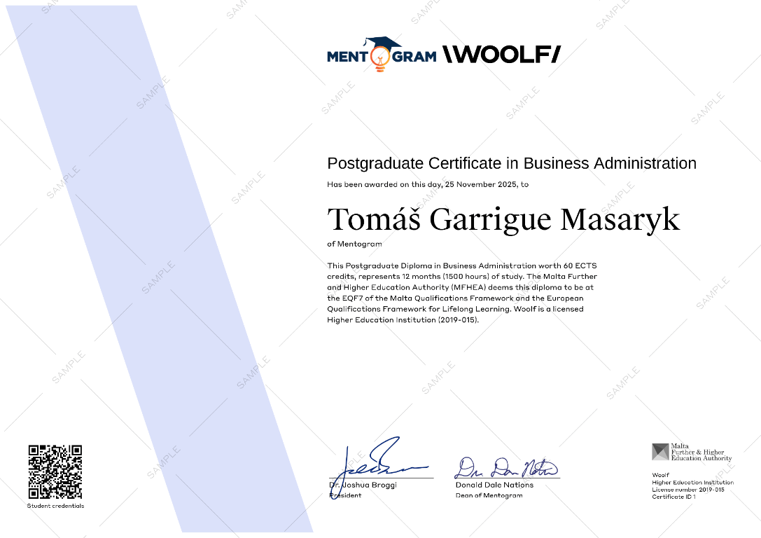 Sample postgraduate certificate awarded by Mentogram and Woolf
